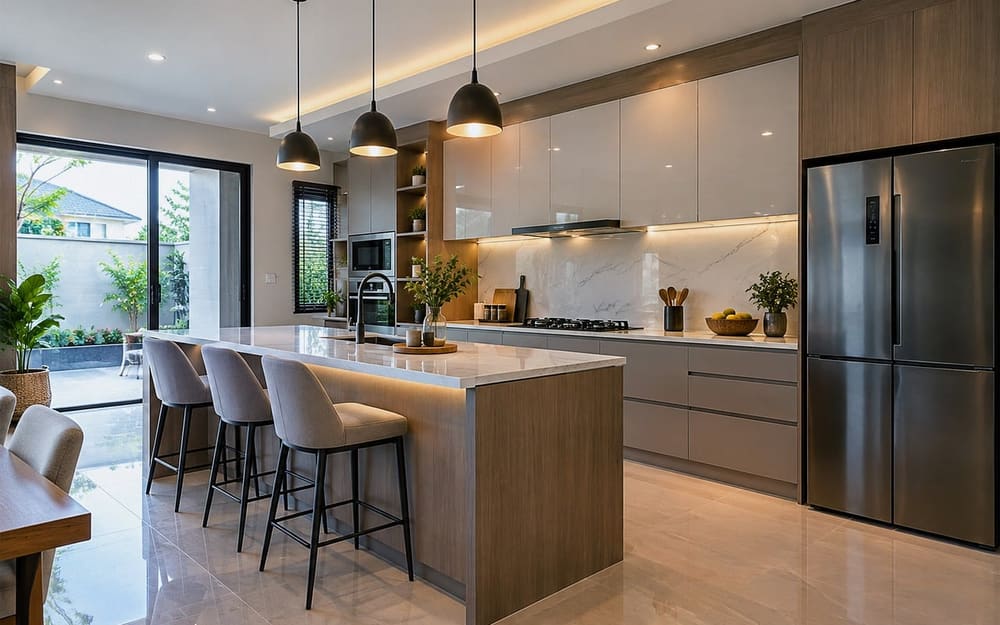 Photo: Modern kitchen, interior, minimalist design, kitchen island, open concept